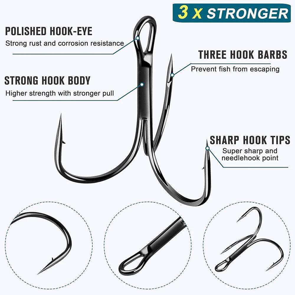 50Pcs Fishing Hooks Sharp Round Bend Barbed Treble High Carbon Steel Triple Hook for Bass Trout Saltwater Freshwater Z260228