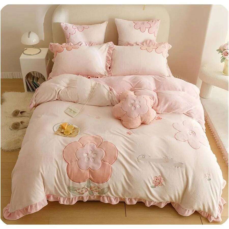 Winter Warm Four-Piece Velvet Set Double Sided Thick Linen Quilt Cover Sheet Pillowcase for 1.5/1.8m Bed Green Purple 2m Be W260302