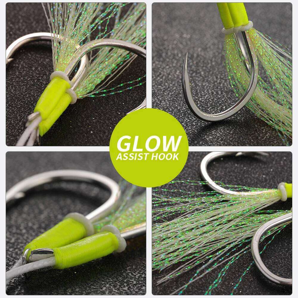 Jiggingpro 1/0 2/0 3/0 4/0 Sea Tackle Slow Jigging Fishing Hook Glow Double Assist Hooks Z260228