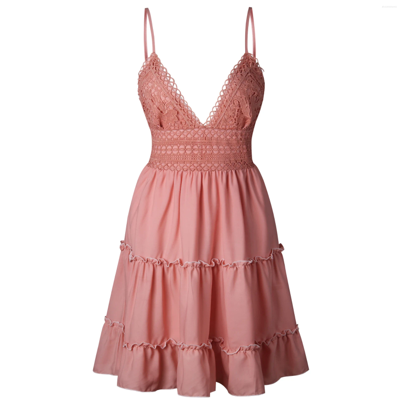 Casual Dresses Female Summer Fashionable Solid Color Dress Sexy Lace Strap Elegant Splicing Women's Seaside Vocation Wear