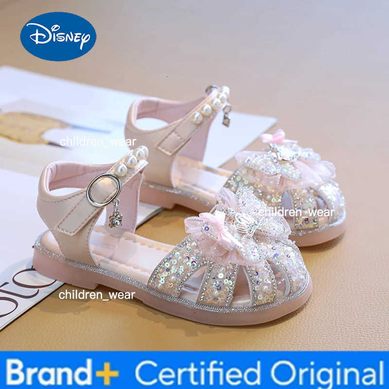Disney New Girls Summer Bowknot Sandals Sweet Crown Kids Causal Princess Dress Shoes Elegant Wedding Party Children Pearl Flat Sandals H260303