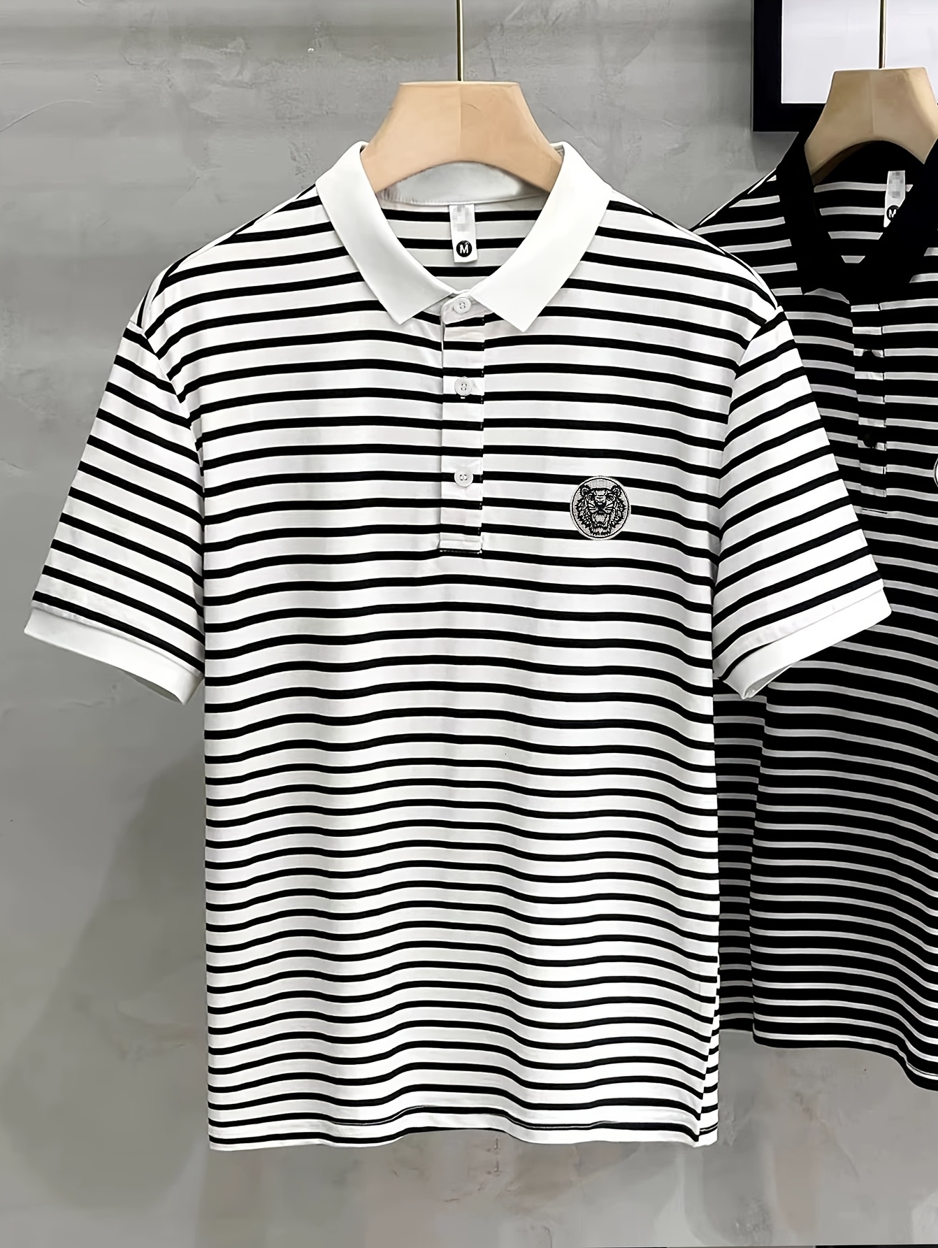 Luxury Brand Designer Clothes Embroidered Striped Short Sleeve Polo Shirt | Casual Skinny Fit Men's T-Shirt, Medium Stretch Fabric, No Belt, Anim