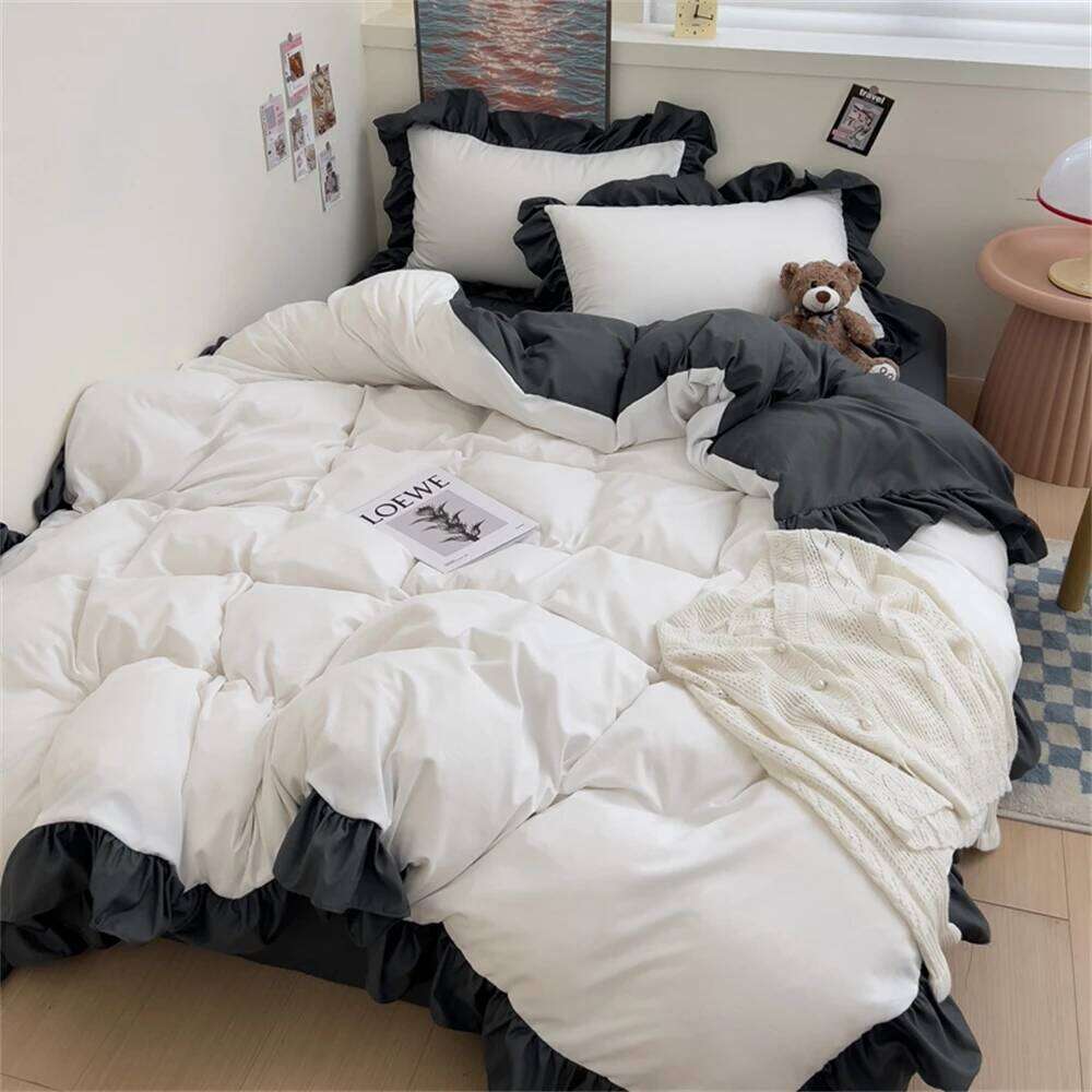 Princess Style Bedding Soft Solid Color Ruffle Duvet Cover Comforter Pillowcase Bed Sheet Washed Cotton Four Pieces Set W260302