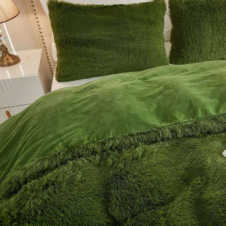 Size Luxury Fuzzy Duvet Set 3 Pieces Fluffy Shaggy Plush Soft Bedding Comforter Cover in Green for Queen Bed W260302