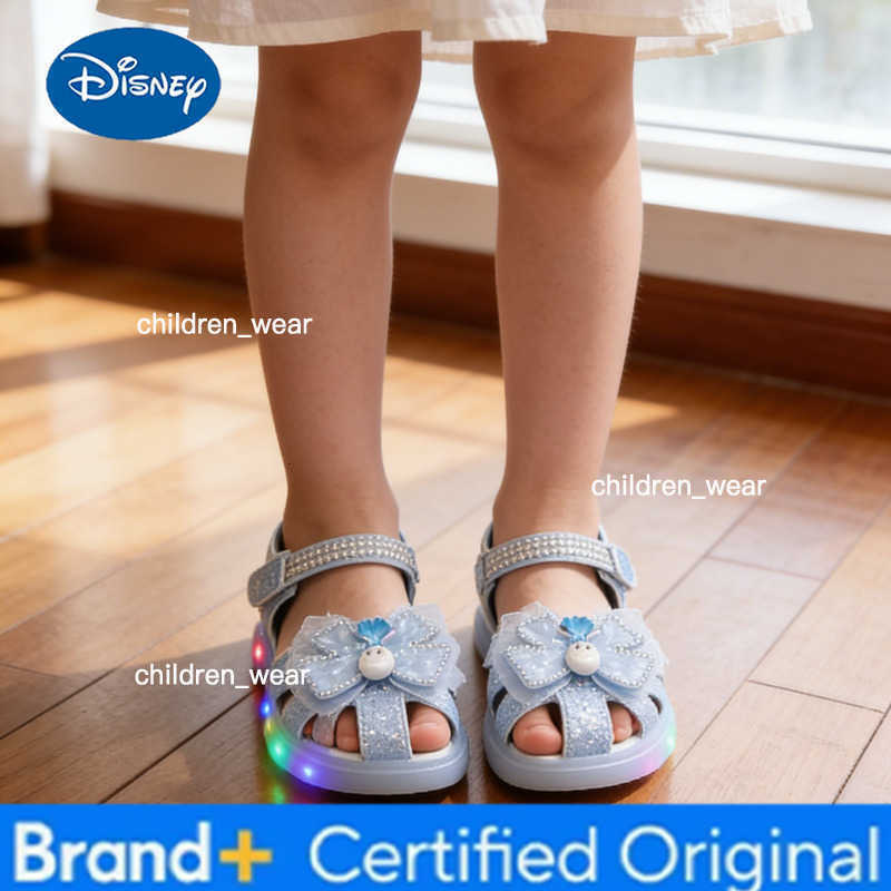 Disney KidsSandalsl Led Light Elsa Princess Frozen PU Leather Sequin Pearl Summer Shoes Anti-slip Breathable Pink Blue Size 22-32 H2603031