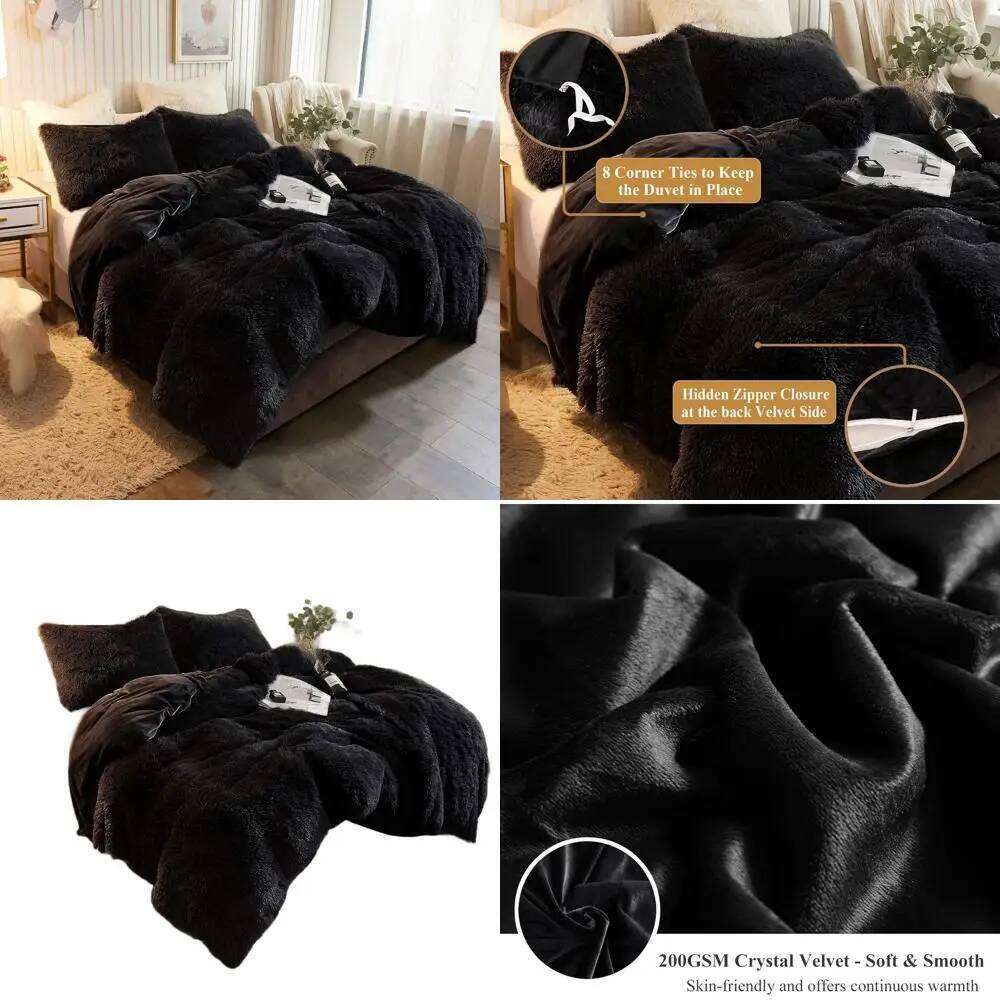 Luxury Soft Crystal Velvet Duvet Cover - Plush Faux Fur Comforter King, Black W260302
