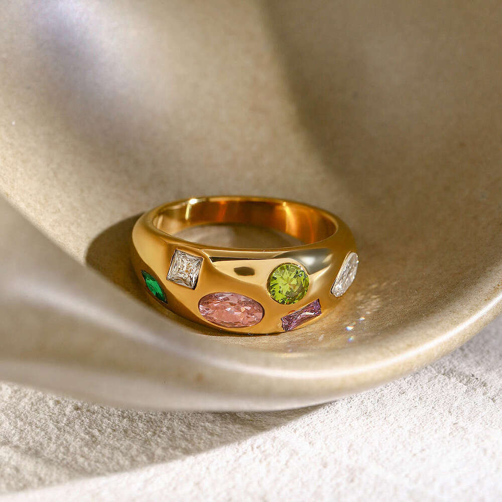 European and American INS Trendy 18K Gold Stainless Steel Inlaid Colorful Zircon Size 7 Cross-Border Wholesale New Ring