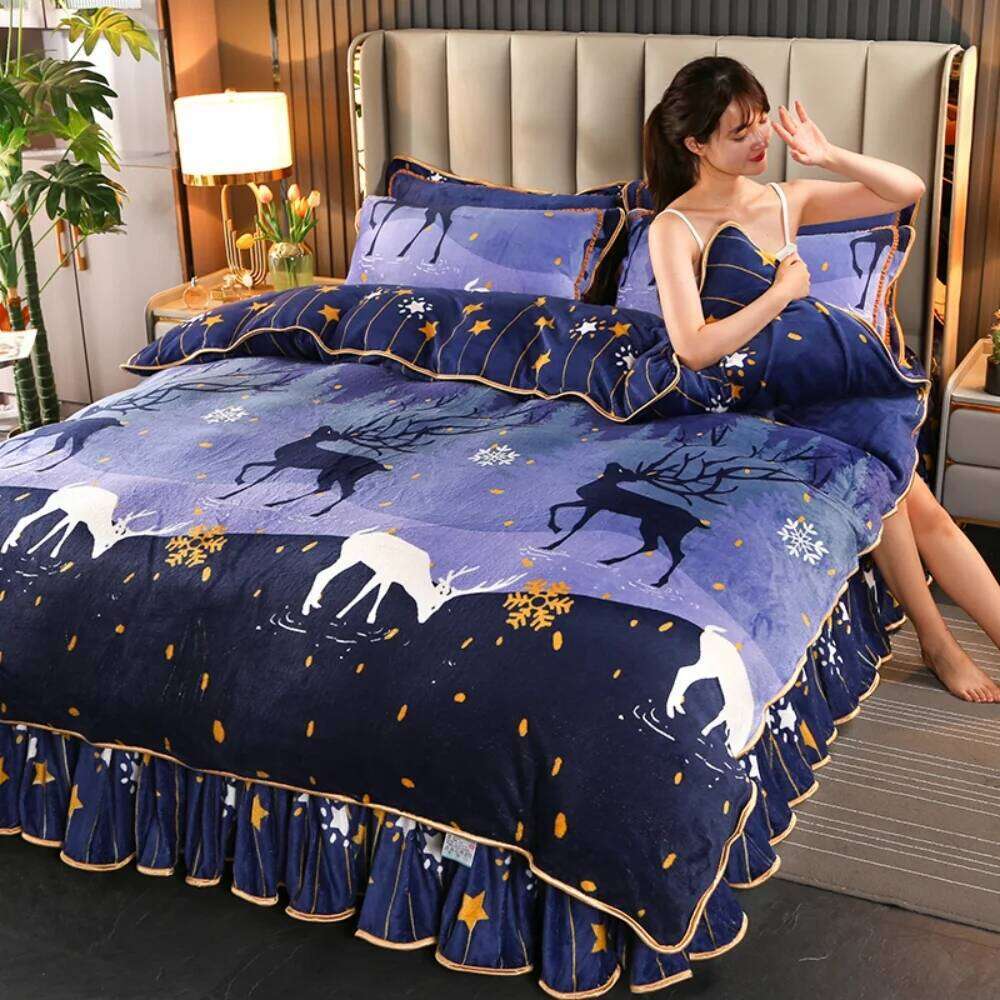Double-Sided Milk Velvet Four-Piece Thickened Winter Warm Soft Bedding Set Floral Printed Quilt Cover Pillowcase Bed Skirt W260302