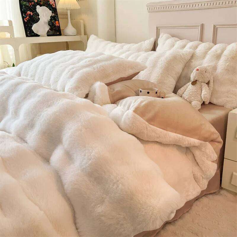 4Pcs Faux Rabbit Fur Blankets for Beds Winter Luxury Fluffy Plush Throw Blanket Bedroom Sofa Cover Pillowcase Cozy&Soft Bedding W260302 W260302