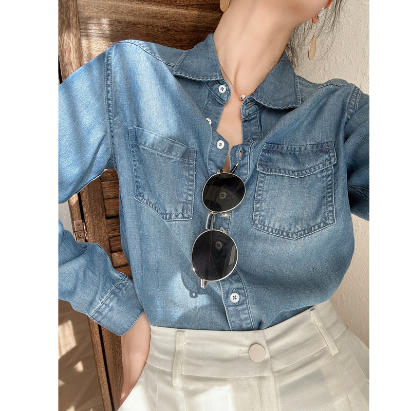 Early Autumn Polo Shirt Soft Smooth Designer Shirt Draped Tencel Denim Shirt Layerable Loose Slimming Turn-down Collar Shirt For Designer Hoodie Women