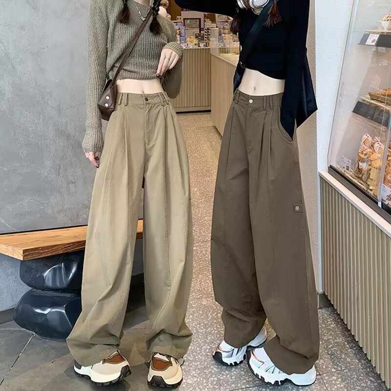 Khki Americn Style Crgo Pnts For Women Spring Nd Autumn Designer Pnts New High Wist Slimming Loose Csul Sports Wide Leg Pnts