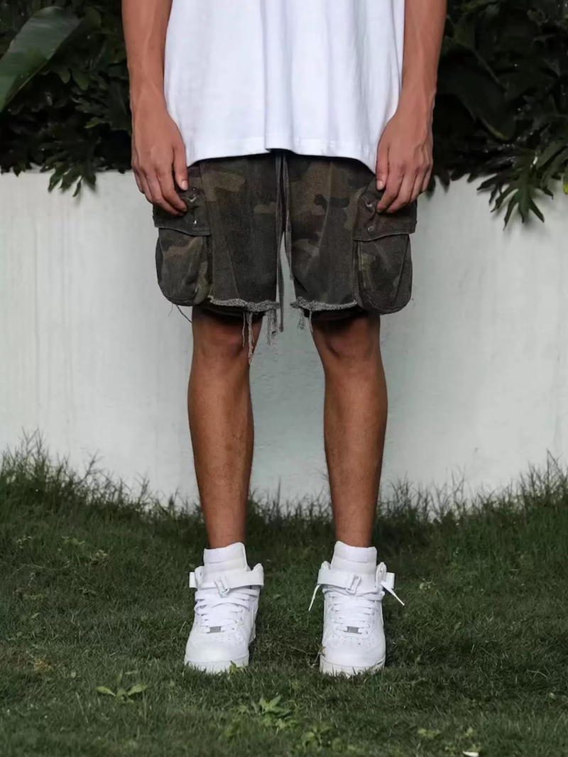 MIJKO Unisex Casual Camouflage Work Shorts Spring Summer Heavyweight Drawstring Splicing Design ZJ012