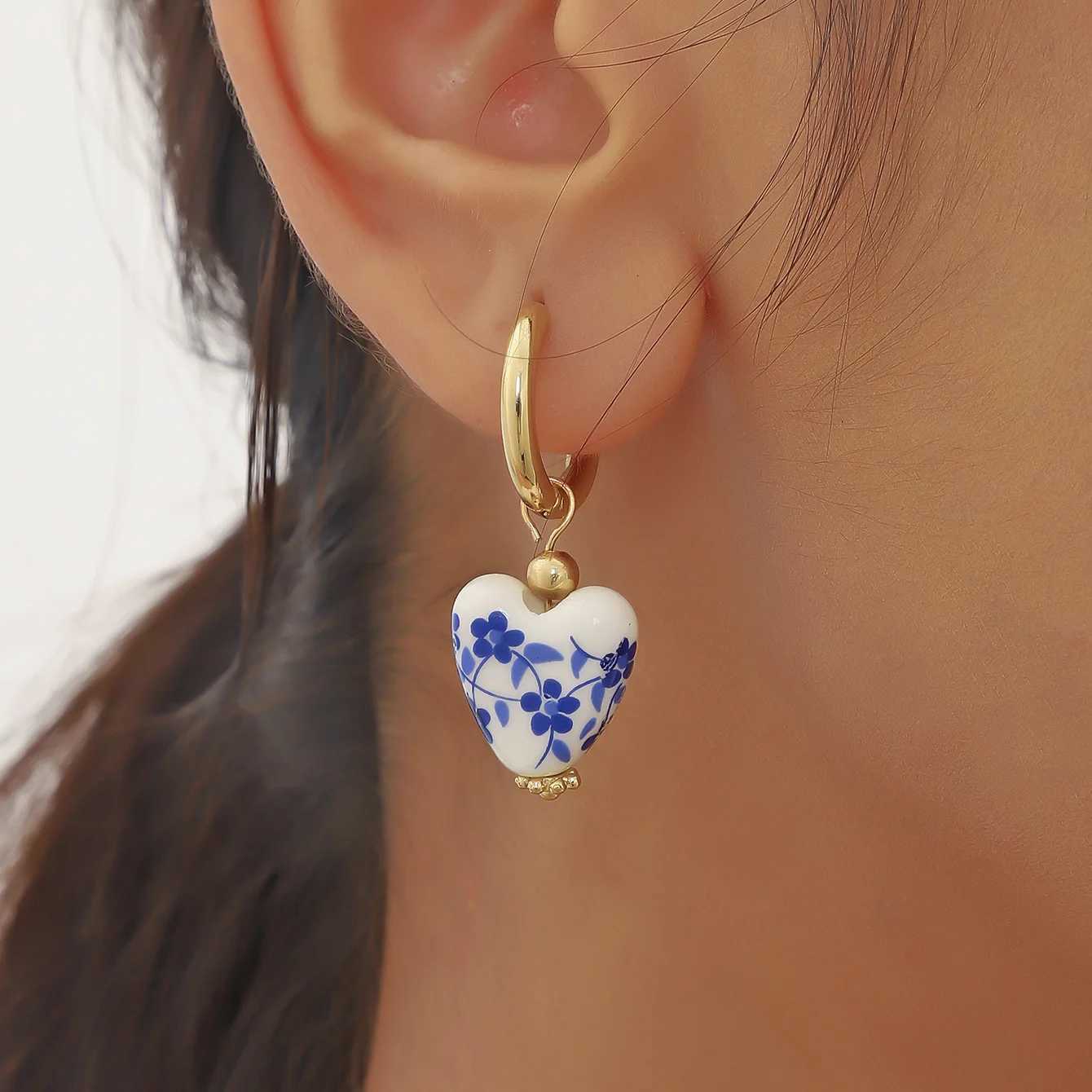 Vintage Love Heart Ceramic Beads Bracelet Fashion Blue and White Porcelain Ceramic Drop Earrings Trendy Elegant Women Jewelry H260303