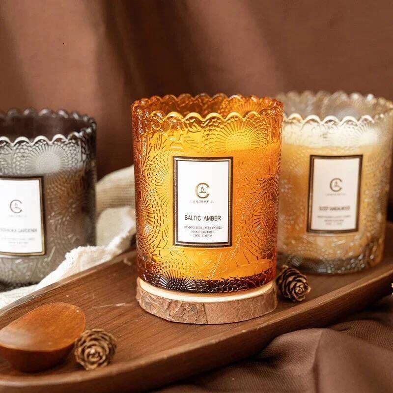 Lace Embossed Scented Candle Soy Wax Glass Cup Home Bedroom Living Room Air Fresh Fragrance Ornaments W260303