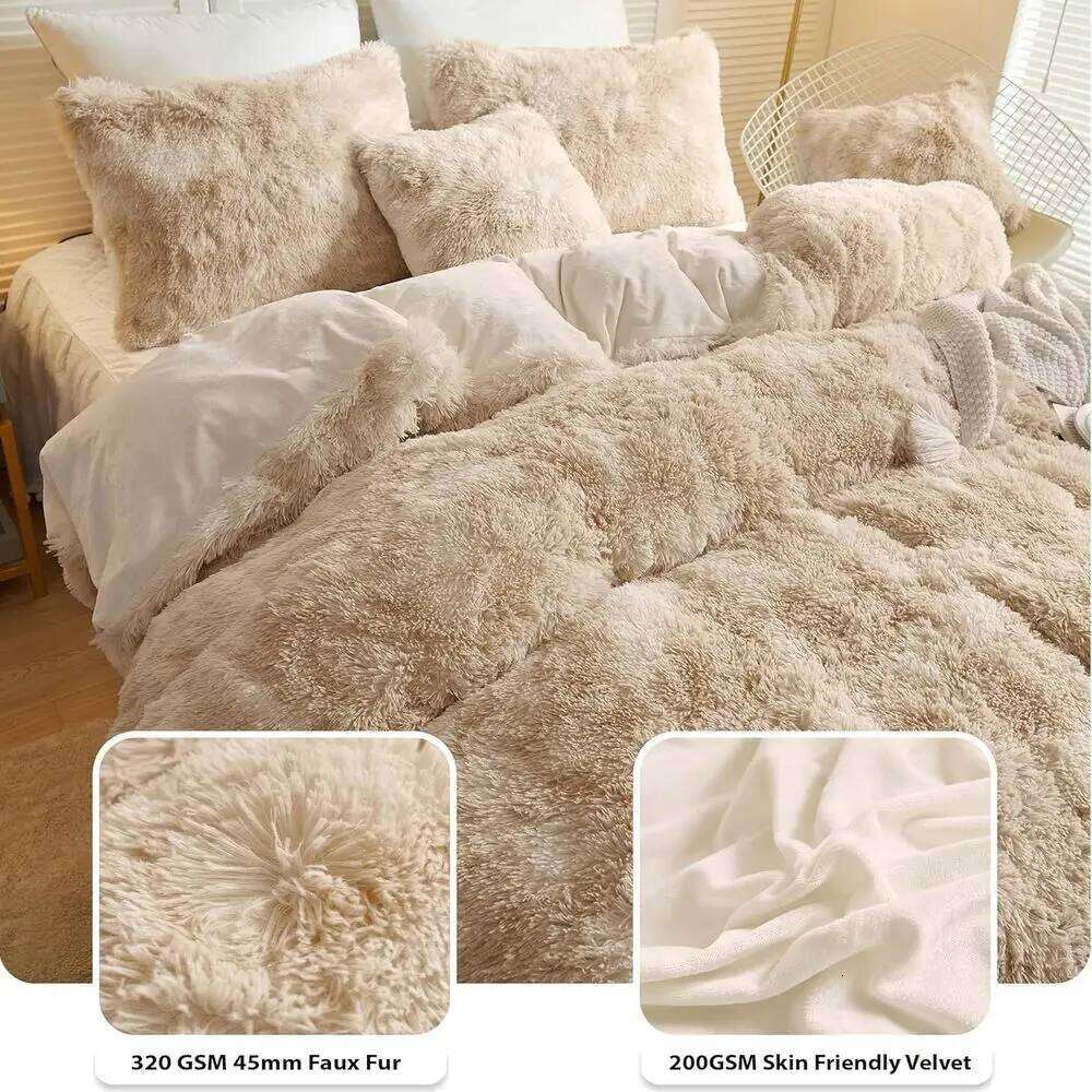 King Size Tie-Dye Plush Faux Fur Duvet Cover Set with 2 Pillowcases, Light Beige W260302