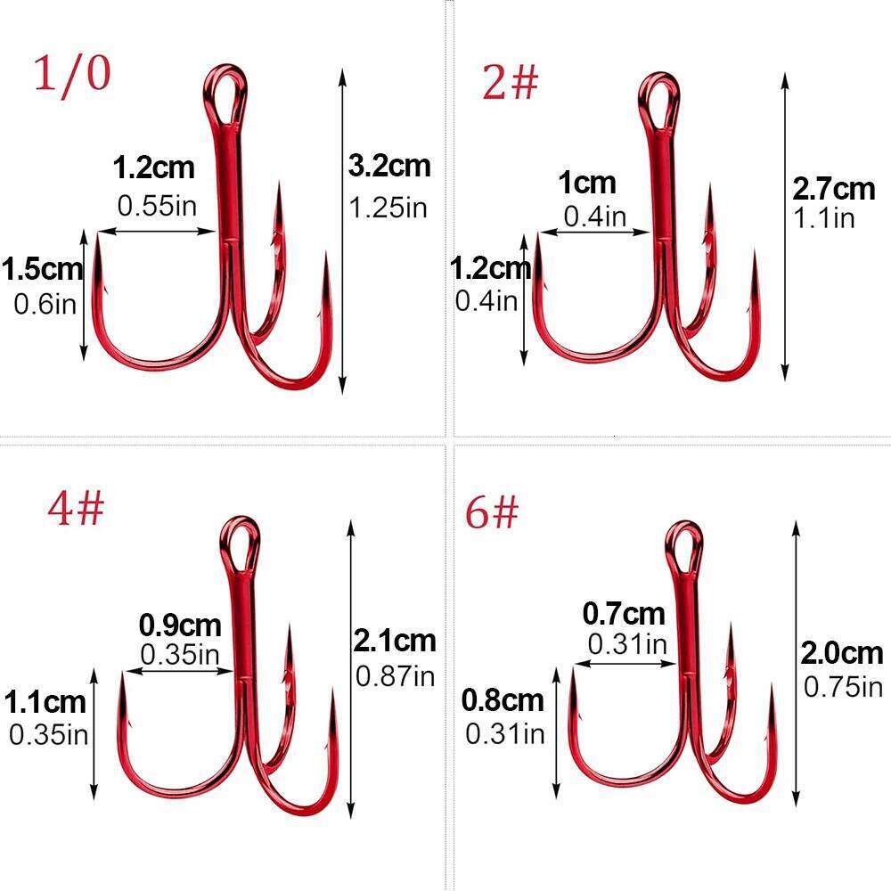 100Pcs Red Fishing Treble Round Bend triple fishing Barbed Hooks Catfish Bass Trout Artificial bait saltwater hooks Z260228