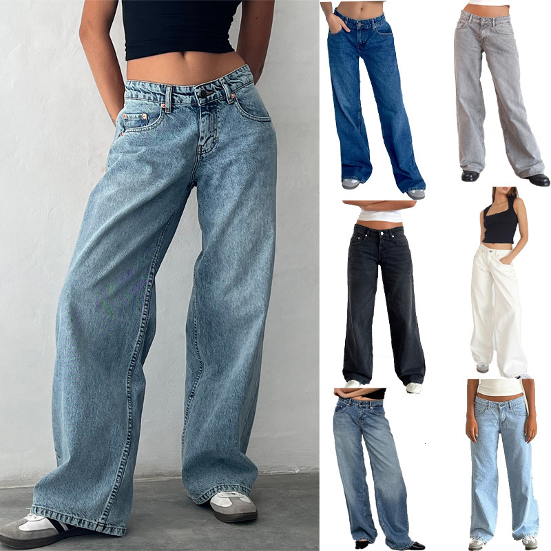 Americn Retro Low Wist Designer Pnts Non-stretch Wshed Stright Leg Jens For Women New Autumn Street Style Wide Leg Jens For Women