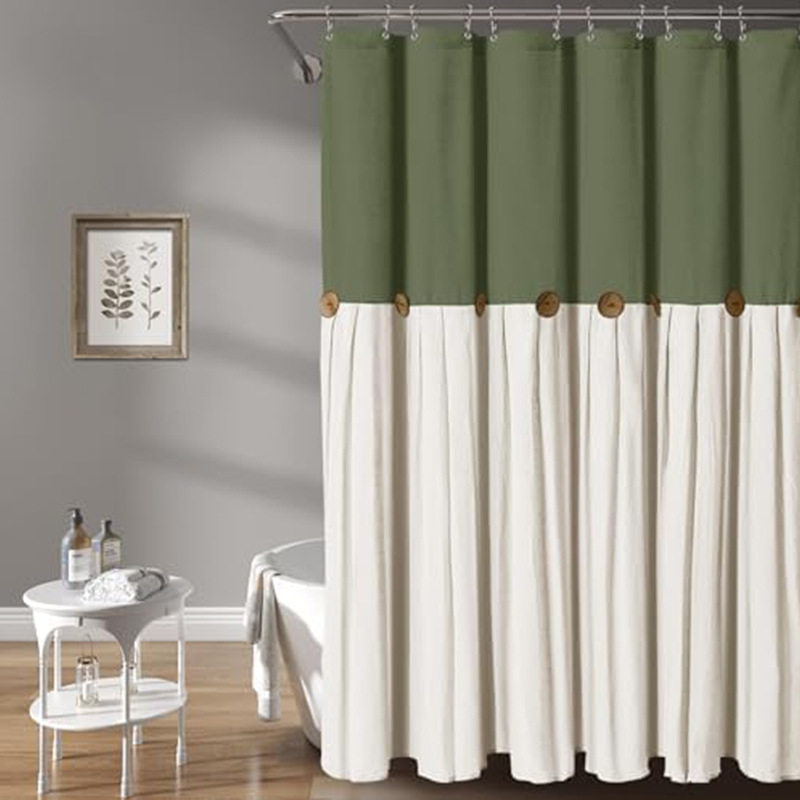 YL-38293 Button-trimmed bathroom shower curtain, cotton and linen waterproof button-down bathroom curtain.