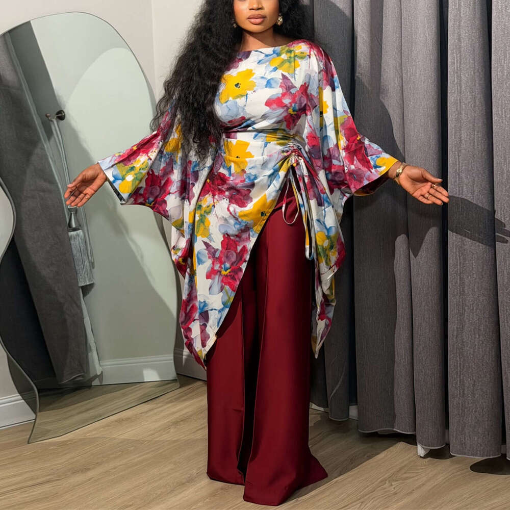 Amazon European And American Cross-Border 2026 Spring New Plus Size Printed Batwing Sleeve Wide-Leg Pants Set Elegant Casual Style