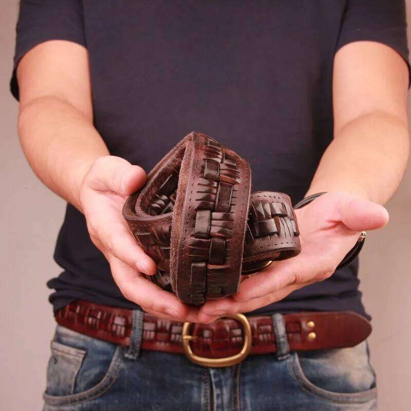 Vintage Luxury Handmade Leather Weave Copper Buckle Men's Cowhide Retro All-match Casual Jeans Soft Belt S260228 0d2 9db