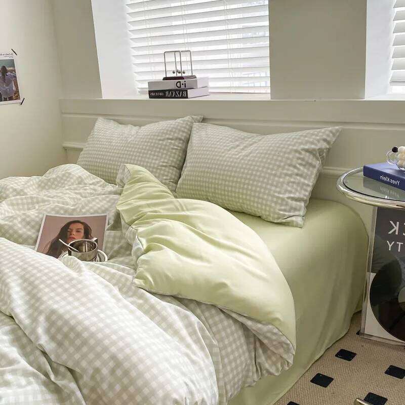 Japanese Style Grid Printed Bedding Washed Cotton Sleeping Naked Quilt Cover Sets Queen/king Size Bed Linens Set W260302