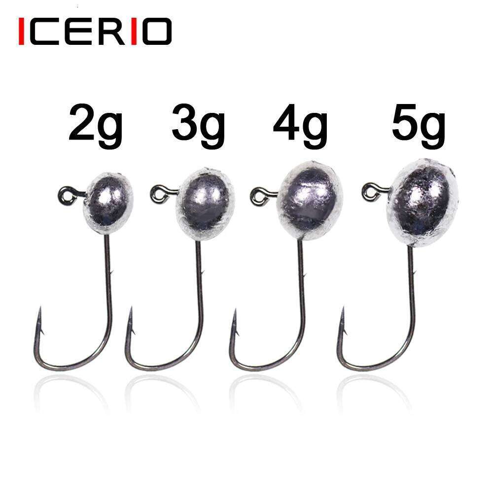 ICERIO 10PCS 2g 3g 4g 5g Oval Shape Ball Weighted Jig Head Double Barbed Soft Worm Lure Hook For Fishing Z260228