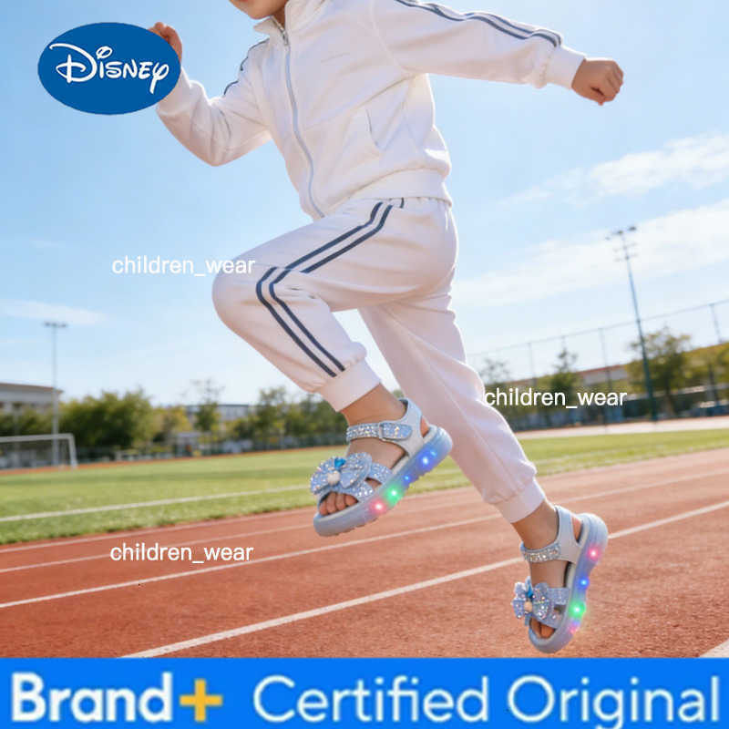 Disney KidsSandalsl Led Light Elsa Princess Frozen PU Leather Sequin Pearl Summer Shoes Anti-slip Breathable Pink Blue Size 22-32 H2603031