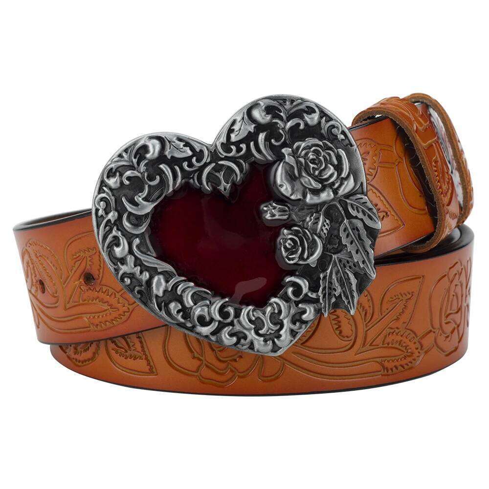 Embossed Leather Belt Flower Pattern for Women Red Heart Rose Fashion S260228