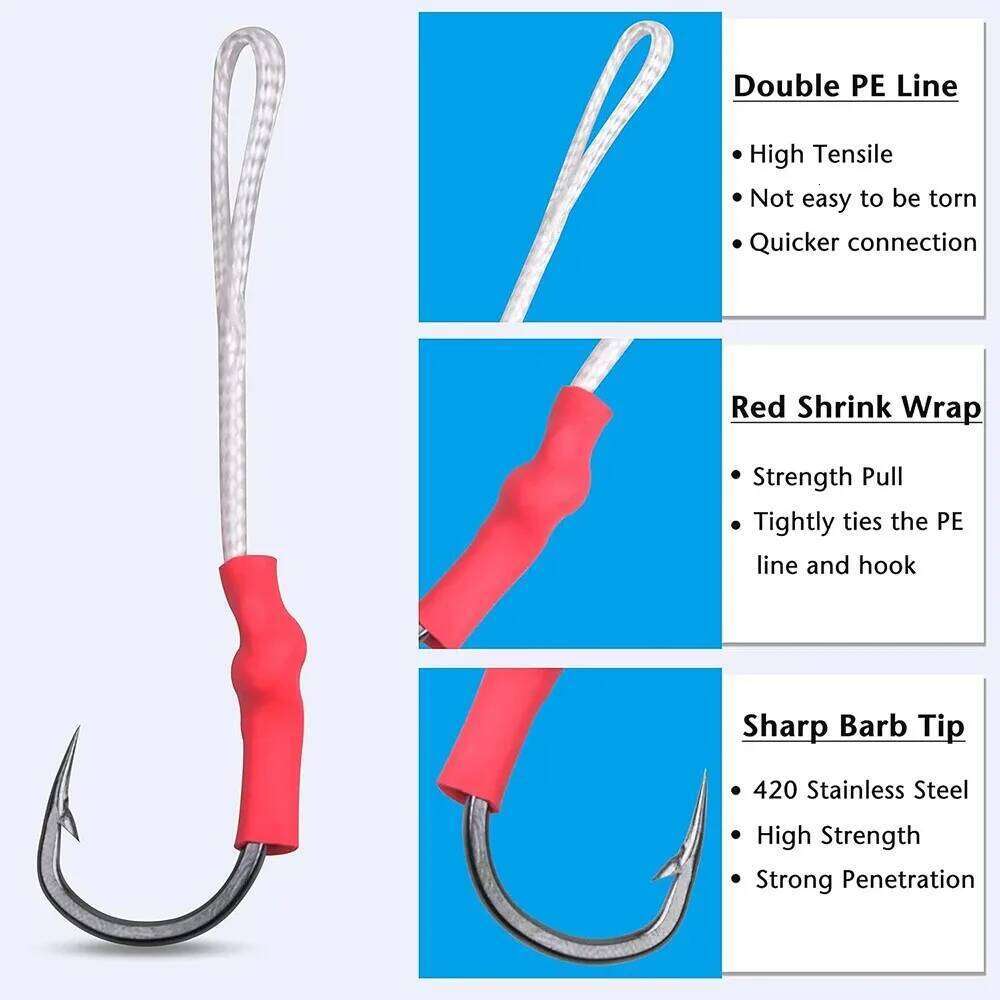10Pcs with PE Line Stainless Steel Vertical Jigging Assist Saltwater Fishing Jigs Hooks for Tuna Z260228