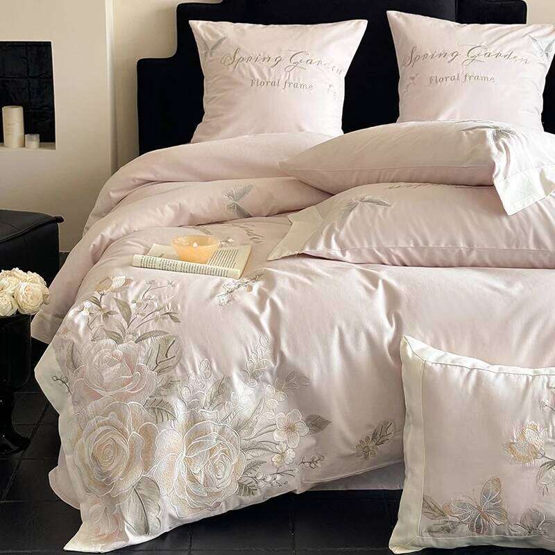 4 Piece Light Luxury Style Long Staple 100% Cotton Floral Embroidery Bedding Set Duvet Cover 200x230 220x240 Four Seasons W260302