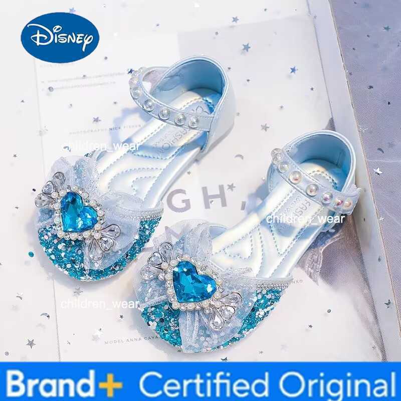 Disney KidsCasual Shoes Elsa Princess Frozen PU Leather Summer Shoes For Girls Sequin Bow Breathable Sliver Blue Purple Size 23-34 H260303