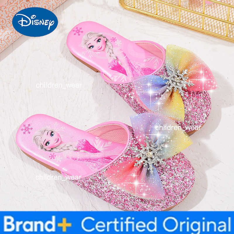 Disney Girls Sandals Slippers Frozen Princess Elsa Sequin Bow Rhinestone Shoes Childrens Summer Slippers Pink Blue Shoes H260303