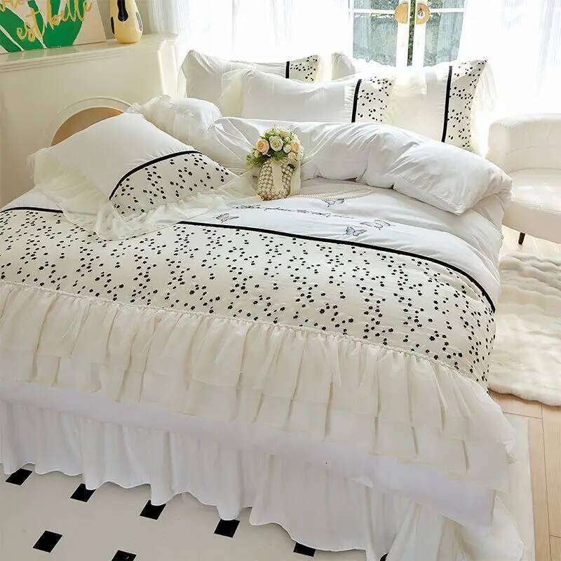 Washed Cotton Four-piece Korean Princess Ruffled Sheet Quilt Cover Set Skirt Ins Style Bed Three-piece W260302