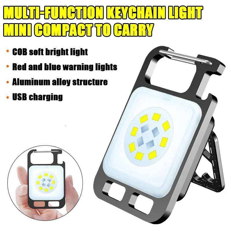 Multifunctional Portable Lamp With Magnetic Red And Blue Warning Lights COB Built-In Battery Rechargeable Keychain Work Light S260302