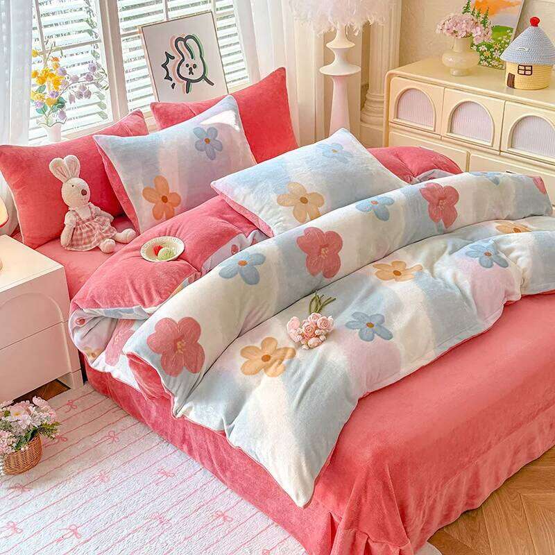 2025 Fall/Winter New Printed Small Fresh Style Milk Fleece Bed Sheet Four-Piece Student Dormitory Three-Piece Set W260302