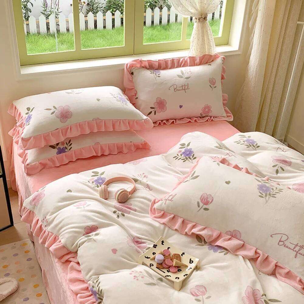 Winter Warm Milk Velvet Four-Piece Soft Quilt Cover Pillowcase Bed Sheet Comfortable Coral Fleece Bedding Set Home Textiles W260302
