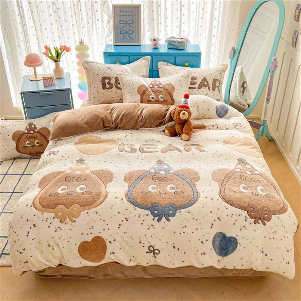 Winter Warm Milk Velvet Four-Piece Thickened Coral Fleece Duvet Cover Pillowcase Bed Sheet Bedroom Decor Queen Bedding Set W260302