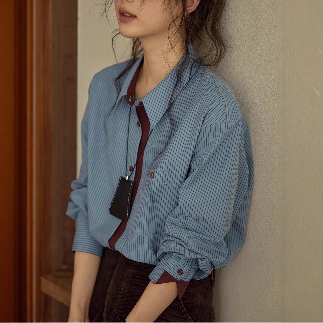 Early Designer Hoodie Spring Essential~french Retro Designer Shirt Vertical Striped Shirt For Women With Unique Pocket Design Loose Polo Shirt Long-sleeve Top