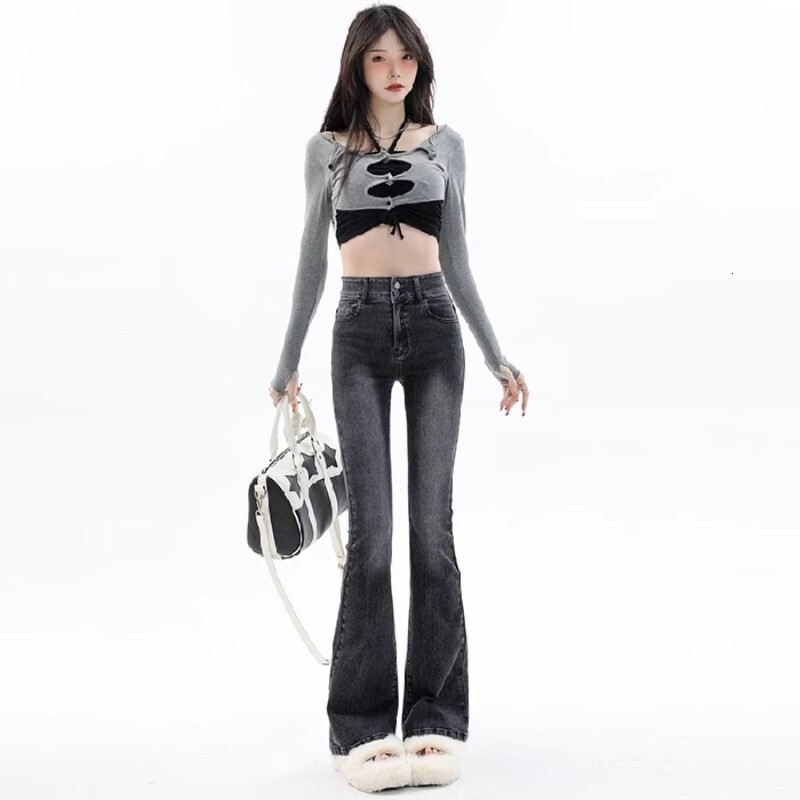 Americn Retro Style Smoky Gry Flred Jens For Designer Pnts Women Trendy Nd Verstile New High-wisted Slim-fit Bell-bottom Pnts