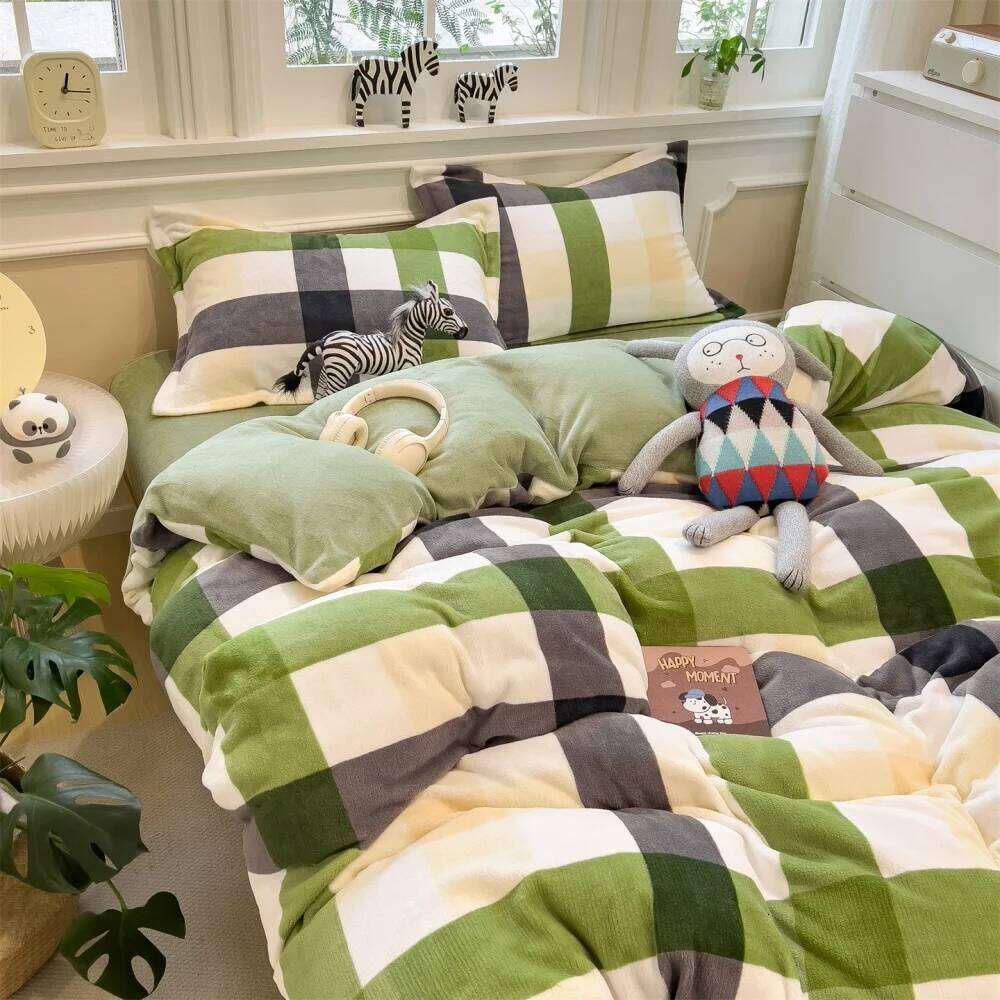 Simple Style Grid Milk Velvet Bedding Thicken Winter Warm Soft Four-Piece Set Bedroom Decor Quilt Cover Bed Sheet Pillowcase W260302 W260302