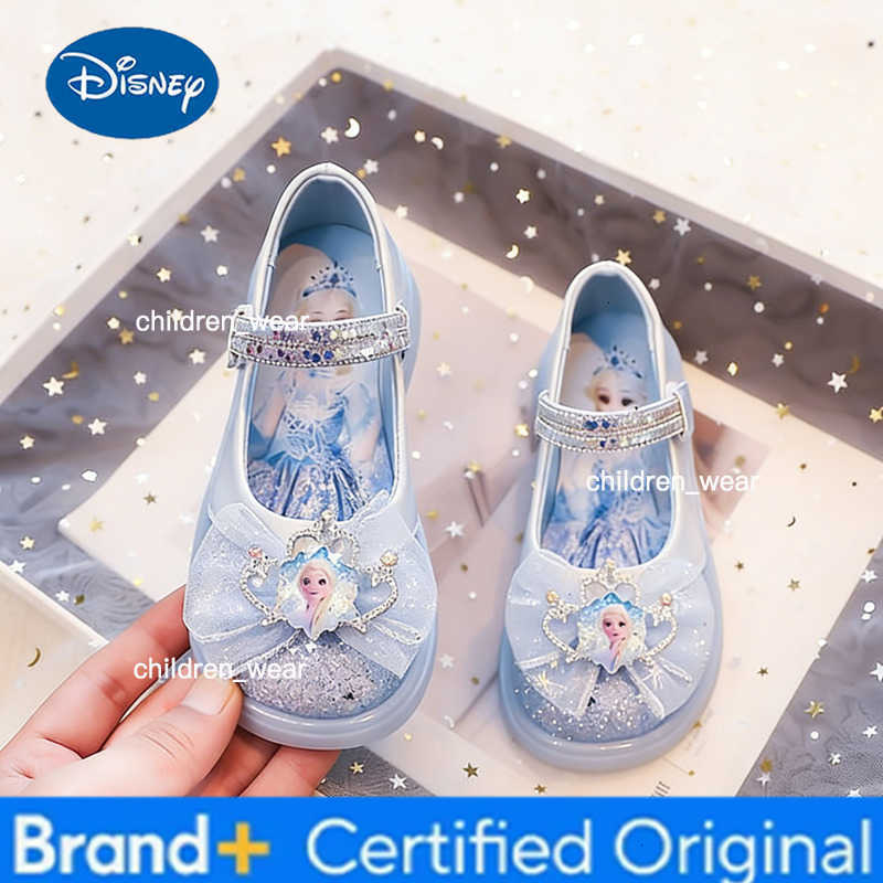Disney KidsCasual Shoes Crystal Bow Princess Elsa PU Leather Shoes Spring Shoes For Girls Soft Bottom Pink Blue Shoes Size 26-34 H260303