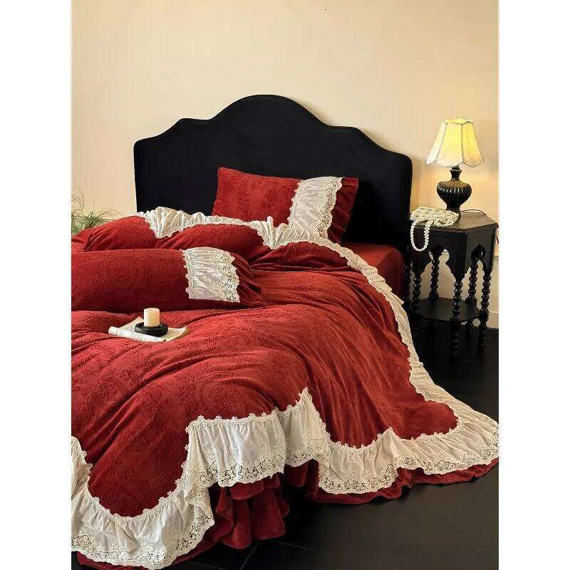 French lace edge winter bed sheet four-piece set milk fleece festive positive red engraving craft quilt cover bedding W260302
