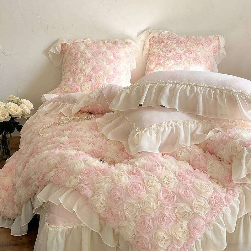 Three-Dimensional Rose Flowers Lace Ruffles Princess Wedding Bedding Set Warm Milk Velvet Duvet Cover Bed Sheet Pillowcases 4Pcs W260302