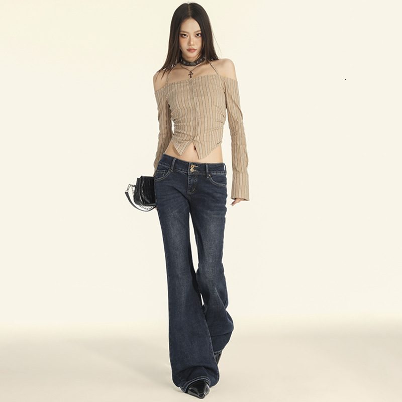 Americn Retro Hot Girl Jens For Women Utumn Designer Pnts New Low-wist Stretch Verstile Double-button Stretchy Micro-flre Pnts