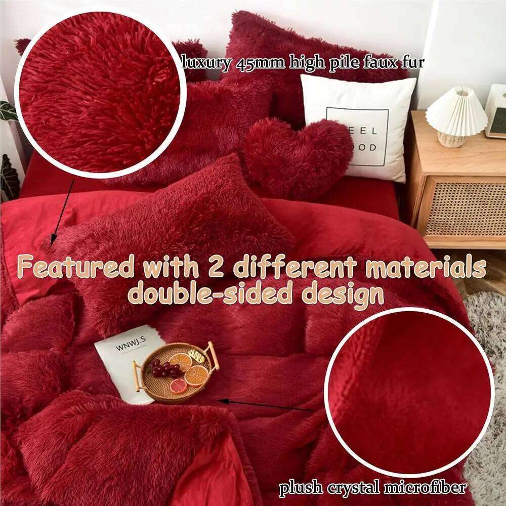 Red King Size Fluffy Faux Fur Duvet Set with 5 Pieces, Plush Velvet Quilt Cover and Pillowcases W260302