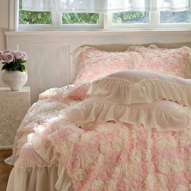 Three-Dimensional Rose Flowers Lace Ruffles Princess Wedding Bedding Set Warm Milk Velvet Duvet Cover Bed Sheet Pillowcases 4Pcs W260302