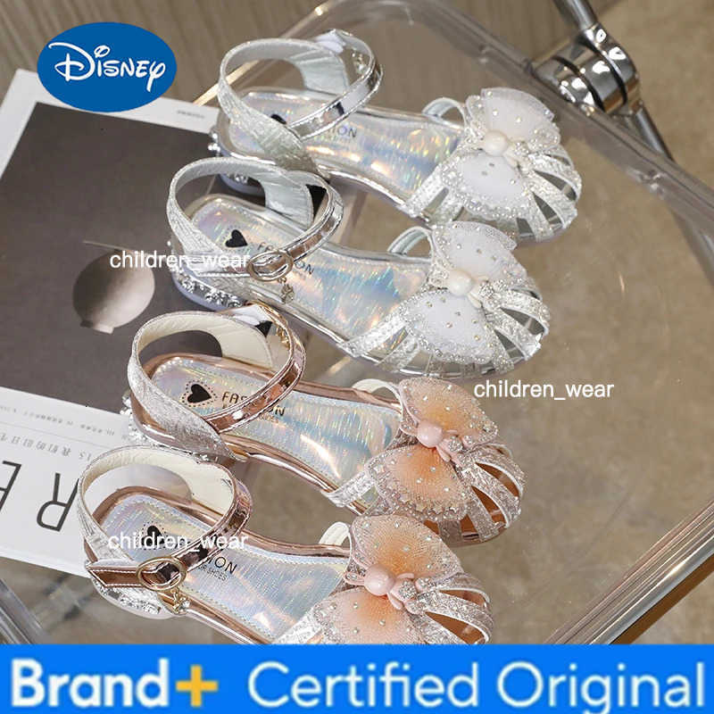 Disney Girls Sandals Summer Toes-covered Sweet Children High Heels for Wedding Party Fashion Elegant Bowtie Kids Causal Dress Sandals H260303