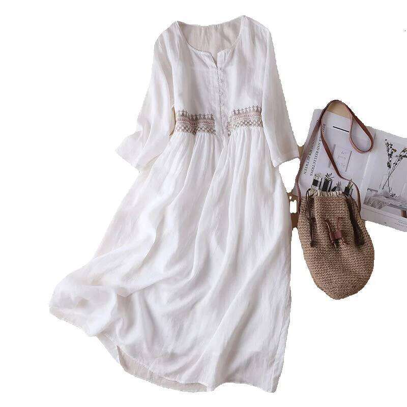 Mardi Hefxessdr Cotton Dress Lightweight Solid Color Dress Ethnic Style Embroidered Midi Dress with High Waist Long Sleeves Chinese style dress women&