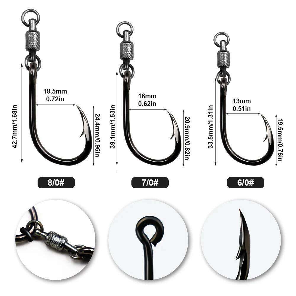 ZYZ 3pcs/Lot With Dual Bearing Swivel 6/0# 7/0# 8/0# Heavy Duty Bait Fishing Black Gang Hooks Free Connectable Z260228