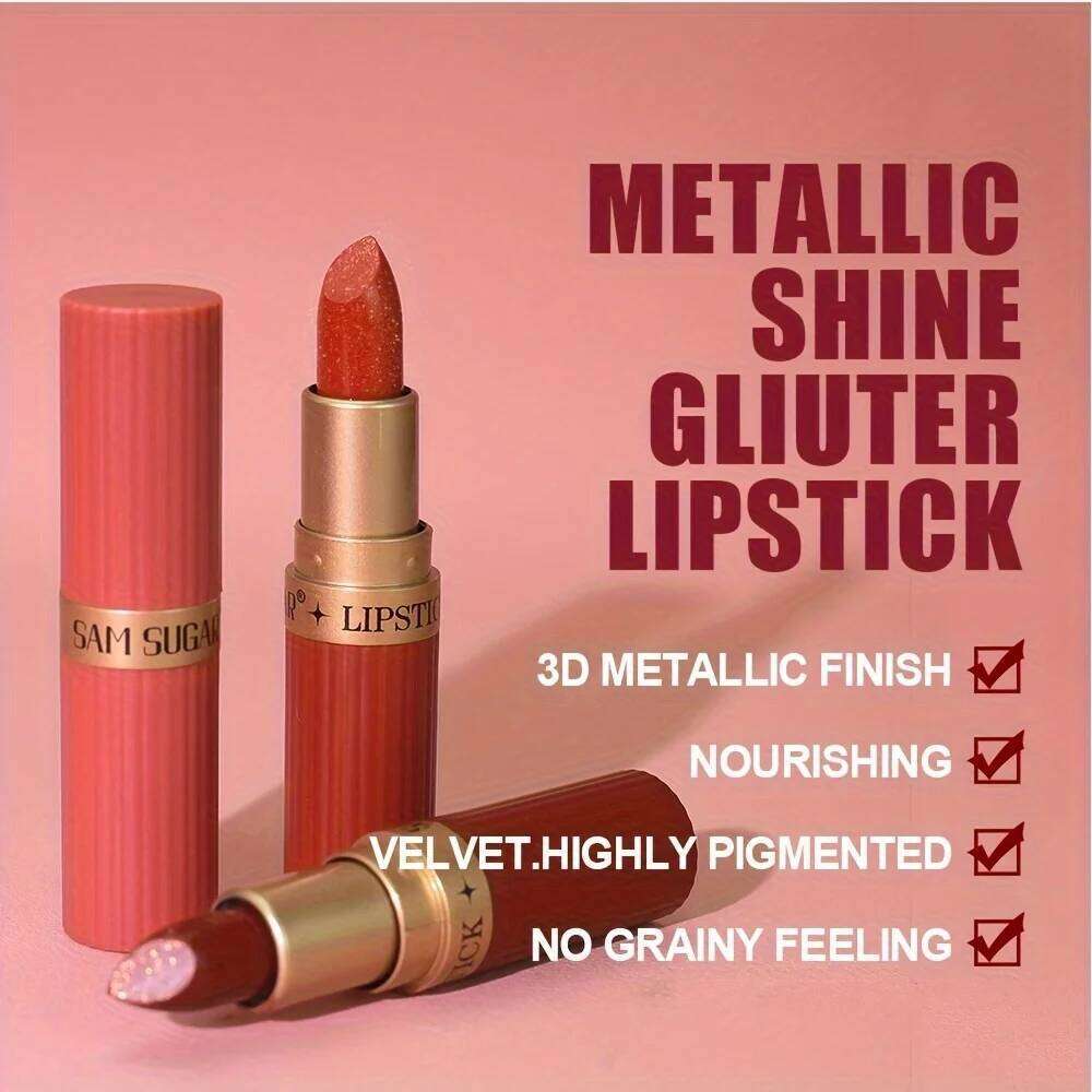 Coral Pearlescent Lipstick - Waterproof, Long-Lasting Shimmer Gloss with Golden Cap, Non-Sticky Formula, Easy Application H260302
